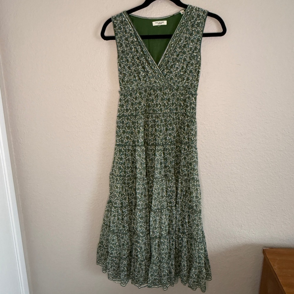 Boho Cottage Green Tiered Floral Smocked Midi Dress Womens Small Resort Beachy